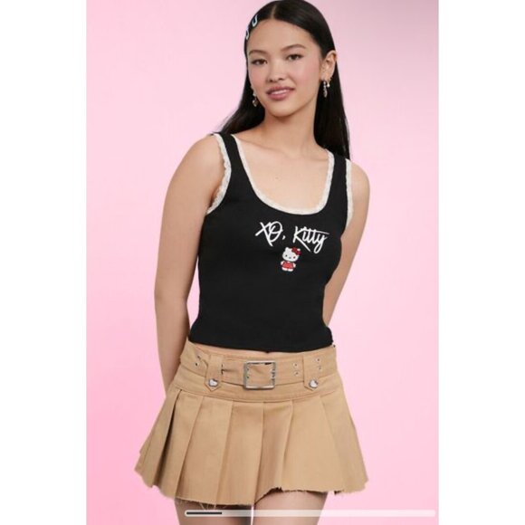 Hello Kitty x Forever 21 Black & Lace Trim Ribbed Knit Fitted Tank Top - Picture 1 of 16